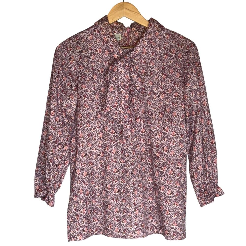 Vintage 70s Tie Neck Pink Secretary Blouse Womens Medium Floral Button Down